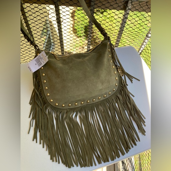 Michael Kors Dakota Olive Green Suede Leather Saddle Bag Long Fringe Gold Studs - Picture 17 of 17